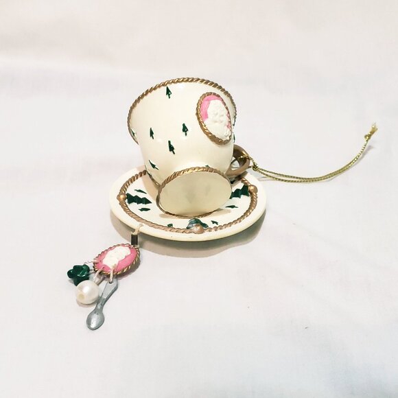 Tea Cup Saucer Spoon Bells Lady Cameo Christmas Ornament 2" UDC 2003 Resin - Picture 1 of 11